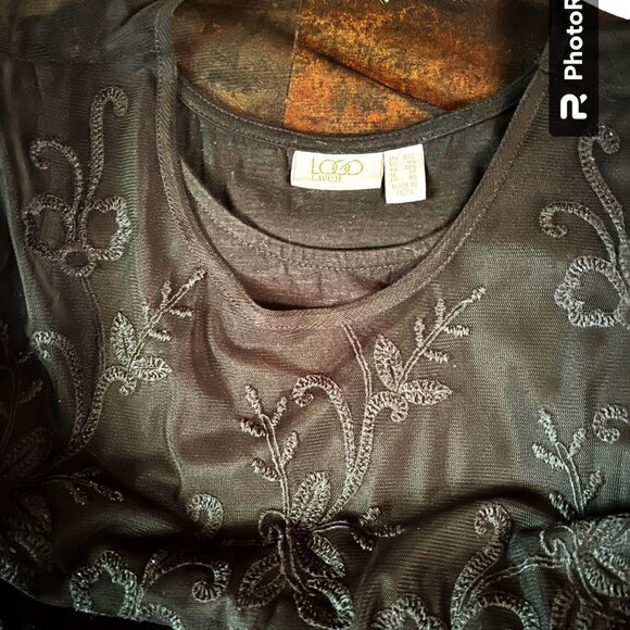 LOGO Lavish Black Sleeveless Cotton Tank w/Sheer Black Lacy Overlay, Size XXS - Picture 3 of 7